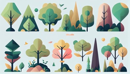Set of trees and shrubs. collection of natural design elements trees with leaves. generative ai