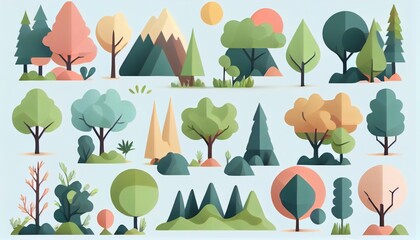 Set of trees and shrubs. collection of natural design elements trees with leaves. generative ai