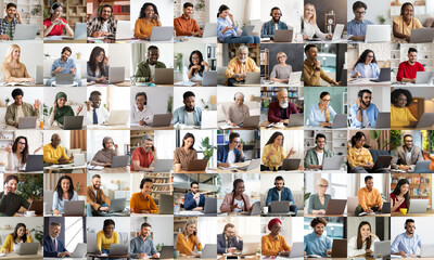 Poster - Mosaic of multiracial people using laptop indoors, collage
