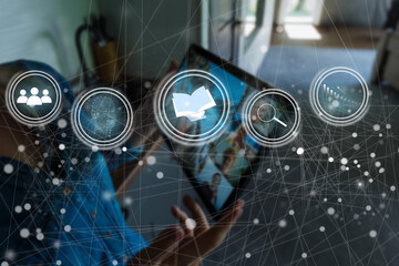 Poster - laptop computer and tablet in modern office with virtual icon diagram