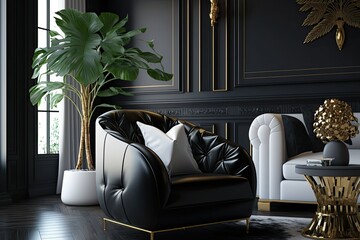 Poster - A black leather armchair and gilded accents provide for a contemporary look in the living area. Generative AI