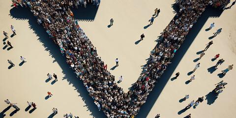 Large and diverse group of people seen from above gathered in the shape of a 