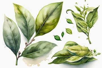 Poster - fresh green tea leaves and buds. agricultural establishments devoted to the cultivation of tea. gene