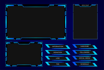 Wall Mural - Twitch stream overlay panel template with bluetheme. Digital streaming screen interface. Live video stream. Vector