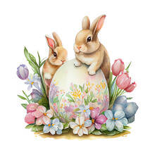 Watercolor Rabbit Spring Flowers Easter Eggs. AI