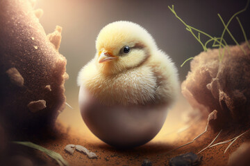 Wall Mural - Sweet chick freshly hatched from Easter egg as a digital illustration (Generative AI)