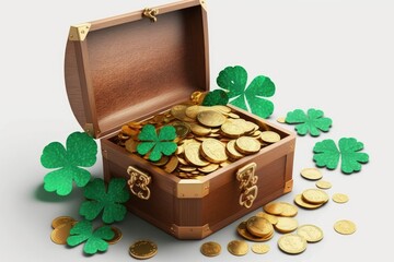 Today is St. Patrick's Day. Gold coins fill the treasure chest. Put into isolation; displayed alone; isolated. Generative AI