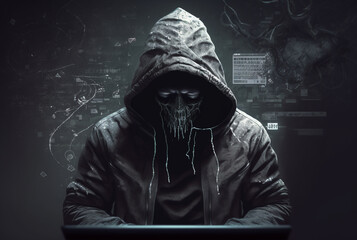 Wall Mural - Computer technology and cybersecurity themed wallpaper featuring a hacker with a hoodie, hiding his face to stay anonymous.