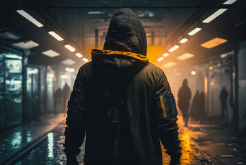 Wall Mural - Computer technology and cybersecurity themed wallpaper featuring a hacker with a hoodie, hiding his face to stay anonymous