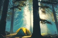 Shining Sunlight Through The Misty Trees Is A Sight To Behold. Camping In The Park Under The Sun And The Fog Is An Incredible Sight. Forest Sun Harp Casts Early Morning Shadows. Location For A Camping