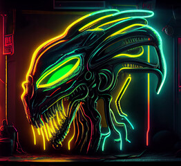 Wall Mural - Neon alien. robot portrait futuristic cyborg illustration.