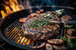 Grilled steak meat on a barbecue party in garden summertime and food concept.
