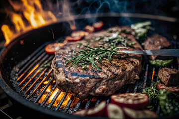 grilled steak meat on a barbecue party in garden summertime and food concept.