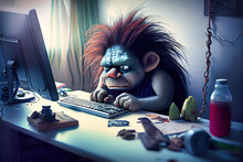 Internet Troll - Online Troll In A Dusky Bedroom Angrily Focused On Writing Hateful Comments. 
