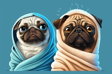 Wall Mural - A pug type puppy and a fluffy cat, both freshly dried off, look hilarious in towels. Adorable canine and kitty feline in bathrobes, freshly cleaned, soap suds on their heads, blue background