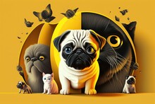 Gray Kitten And Happy Dog Cartoon On A Modern Yellow Background. Cute Shih Tzu And Pug Puppies And A Cat Emerge Out A Colorful Hole. Or, We Could Just Ban Wide Angle Horizontal Wallpaper On The Intern