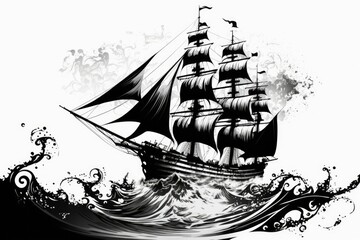 Sticker - White background with a black sailing ship. Generative AI