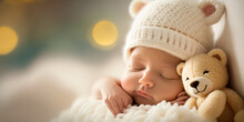 Adorable Peaceful Sleeping Newborn Baby. Close Up Portrait Of Child With Cute Bear Toy. Cozy Indoor Background With Copy Space. AI Generative Image.