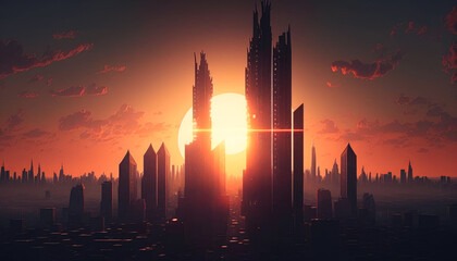 Wall Mural - the sun setting behind a towering city skyline - Generative AI