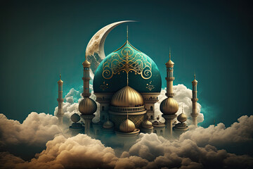 Poster - Arabic mosque in clouds Ramadan Kareem background banner. Islamic holiday. Generative AI.