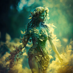 Spring young fairy girl with long hair wearing herbal wreath made of flowers. Half body portrait. AI generative image.