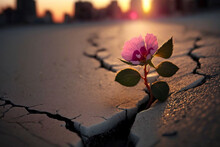 Close Up, Pink Flower Growing On Crack Street Sunset Background Generative AI