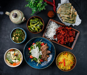 Sticker - Asian sweet and sour chicken, chicken noodle soup with mushrooms, rice noodles with vegetables, duck fillet salad, beans, homemade cheese