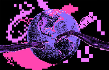 Poster - Two hands going to touch together and the globe on a pixelated glitched background. Concept of communication in web space.