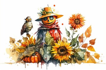 Sticker - Scarecrow character in watercolor featuring a bird, a sunflower, and a pumpkin, shown on a white background. Decorations for the season of autumn. Autumnal Music. Generative AI