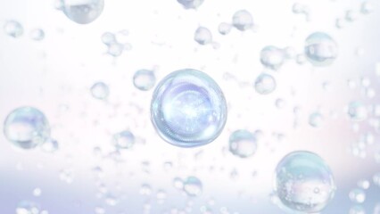 Aufkleber - A macro photo of many water bubbles rising against a light blue background. Design for moisturizing bubble blobs in beauty gloss in ultra-slow motion. 3D cosmetic serum animation