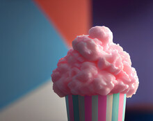Bucket Of Pink Cotton Candy, Candy Floss On Colorful Background, Generative Ai