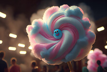 Cotton Candy, Candy Floss Cloud Swirl With Sugar Smiley Face In The Center, Generative Ai
