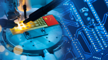 Poster - China PCB industry. Microprocessor with PRC flag. Symbol Peoples Republic of China on equipment. China technology PCB. Production of high-tech equipment. PCB manufacturing process close-up. 3d image