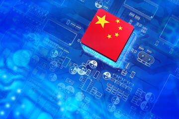Poster - Flag of China on computer board. Chinese micro industry. Motherboard made in China. Manufacture of computer boards in Peoples Republic of China. Blue computer board. PCB with China symbol. 3d image
