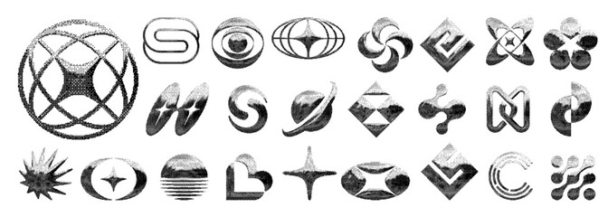 collection of abstract shapes with y2k symbols and signs. vector elements designed in retro brutalis