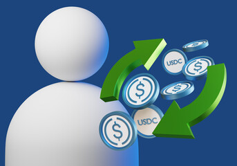 Aufkleber - usdc money. white man near cryptocurrency coins. green arrows symbolize exchange. usdc coins on blue