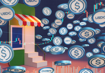 Poster - USDC exchange point. Concept of buying real estate for USDC. Falling coins near smartphone. USDC growth chart. Metaphor of mobile wallet for storing cryptocurrency. Stable digital money. 3d rendering