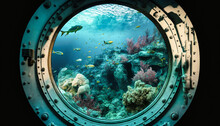 View Of Underwater Life Through The Window Of A Submarine - Generative AI