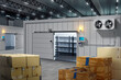 Freezer in warehouse building. Boxes near refrigerated container. Refrigeration equipment for enterprise. Refrigerated cooling system for warehouses. Refrigerated block with racks inside. 3d image.