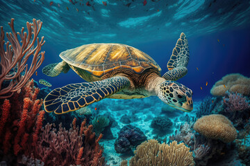  Eretmochelys imbricata, the hawksbill turtle, floats in the water. Indian Ocean coral reef in the Maldives., generative AI