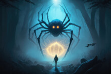 Brave Hero Lights Way With Lantern, Stands In Front Of Huge Spider With Sting, Glowing Yellow Mouth With Sharp Teeth Stands Its Paws In Swampy Dead Landscape.  (ai Generated)