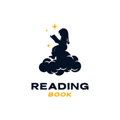 Wall Mural - Vector little girl reading book on cloud logo template design