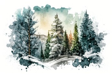 Wall Mural - Watercolor illustration of a snowy rural landscape populated by conifer trees, perfect for use as a Christmas card or festive backdrop. Generative AI