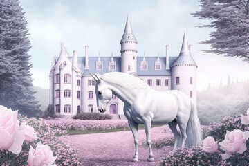 Picture of a rainbow unicorn mansion set in a fanciful pink rose garden. Morning tranquility and blank copy space. From here, you can see the road across the hills leading to the land of fairy tales