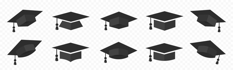 Graduation cap vector icons. Academic caps. Graduation hat icon set. Graduation student black cap. Vector EPS 10