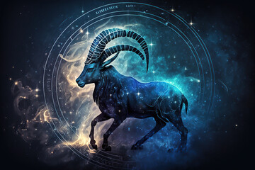 Wall Mural - Capricorn zodiac sign against space nebula background. Astrology calendar. Esoteric horoscope and fortune telling concept, created with Generative AI