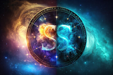 Wall Mural - Gemini zodiac sign against space nebula background. Astrology calendar. Esoteric horoscope and fortune telling concept, created with Generative AI