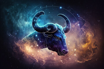 Wall Mural - Taurus zodiac sign against space nebula background. Astrology calendar. Esoteric horoscope and fortune telling concept, created with Generative AI