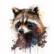 A watercolor illustration of a raccoon with vibrant splashes, capturing the animal’s playful essence and artistic allure.