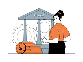 Aufkleber - Finance concept with character situation. Woman uses different bank services, investing and makes deposit for increases financial savings. Illustrations with people scene in flat design for web